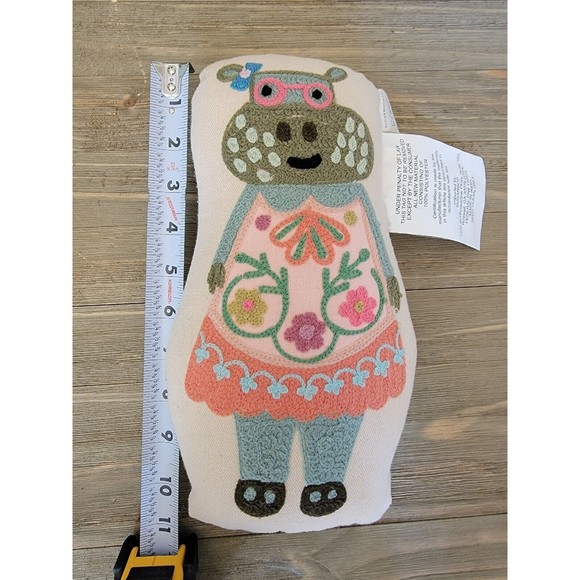 Sugarboo & Co. Embroidered Funky Hippo Pillow 10×6 Boutique Linen Folk Art Whims - Picture 4 of 9